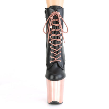 Pleaser FLAMINGO-1020 Black / Rose Gold Chrome Lace-Up Platform Ankle Boots - 8 Inch Heels