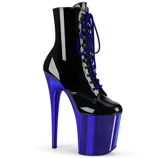 Pleaser FLAMINGO-1020 Black / Royal Blue Chrome Lace-Up Platform Ankle Boots - 8 Inch Heels