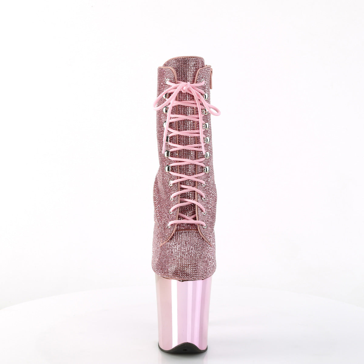 Pleaser FLAMINGO-1020CHRS Baby Pink Rhinestones / Baby Pink Chrome Rhinestone Lace-Up Platform Ankle Boots - 8 Inch Heels