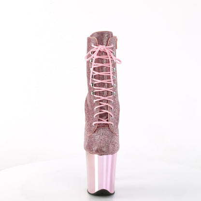 Pleaser FLAMINGO-1020CHRS Baby Pink Rhinestones / Baby Pink Chrome Rhinestone Lace-Up Platform Ankle Boots - 8 Inch Heels