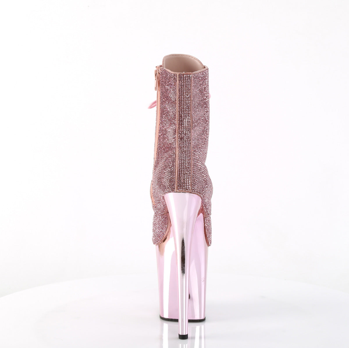 Pleaser FLAMINGO-1020CHRS Baby Pink Rhinestones / Baby Pink Chrome Rhinestone Lace-Up Platform Ankle Boots - 8 Inch Heels