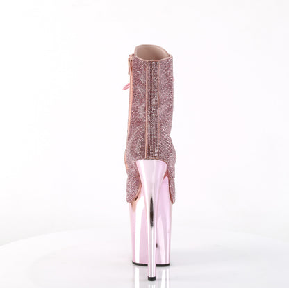 Pleaser FLAMINGO-1020CHRS Baby Pink Rhinestones / Baby Pink Chrome Rhinestone Lace-Up Platform Ankle Boots - 8 Inch Heels