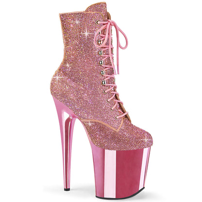 Pleaser FLAMINGO-1020CHRS Baby Pink Rhinestones / Baby Pink Chrome Rhinestone Lace-Up Platform Ankle Boots - 8 Inch Heels