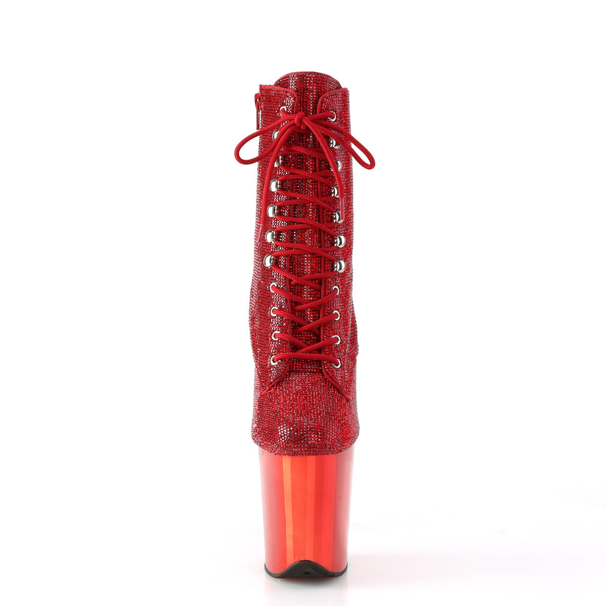 Pleaser FLAMINGO-1020CHRS Red Rhinestones / Red Chrome Rhinestone Lace-Up Platform Ankle Boots - 8 Inch Heels
