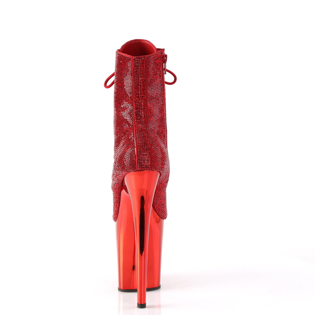 Pleaser FLAMINGO-1020CHRS Red Rhinestones / Red Chrome Rhinestone Lace-Up Platform Ankle Boots - 8 Inch Heels