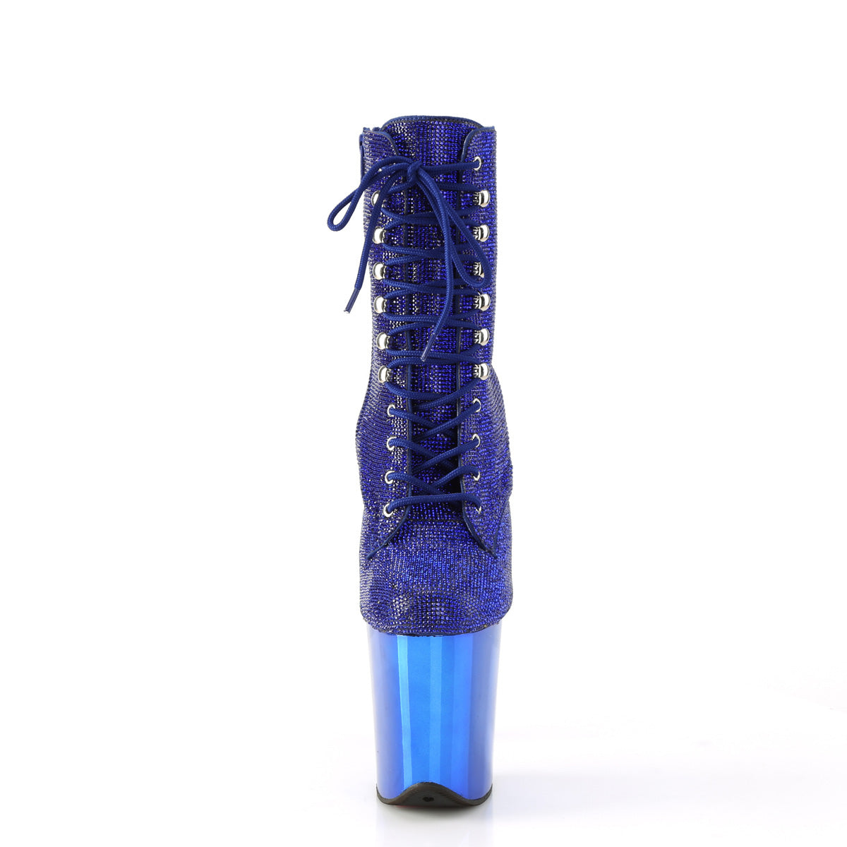 Pleaser FLAMINGO-1020CHRS Royal Blue Rhinestones / Royal Blue Chrome Rhinestone Lace-Up Platform Ankle Boots - 8 Inch Heels