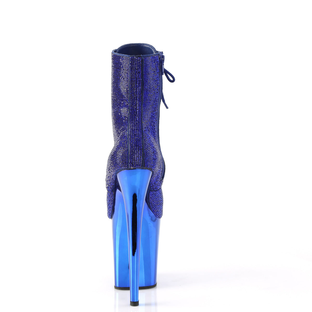 Pleaser FLAMINGO-1020CHRS Royal Blue Rhinestones / Royal Blue Chrome Rhinestone Lace-Up Platform Ankle Boots - 8 Inch Heels