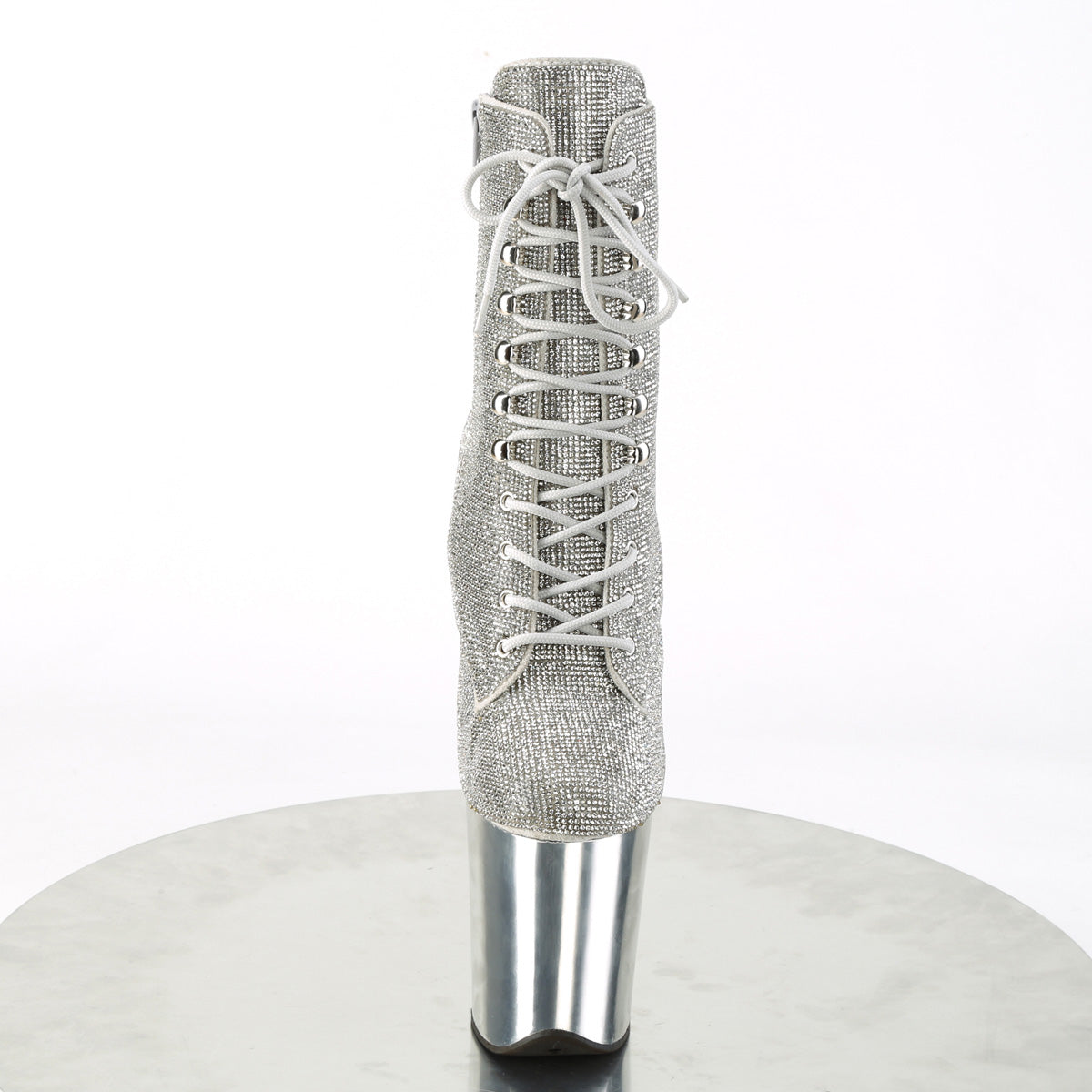 Pleaser FLAMINGO-1020CHRS Silver Rhinestones / Silver Chrome Rhinestone Lace-Up Platform Ankle Boots - 8 Inch Heels