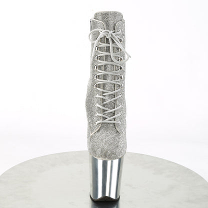 Pleaser FLAMINGO-1020CHRS Silver Rhinestones / Silver Chrome Rhinestone Lace-Up Platform Ankle Boots - 8 Inch Heels