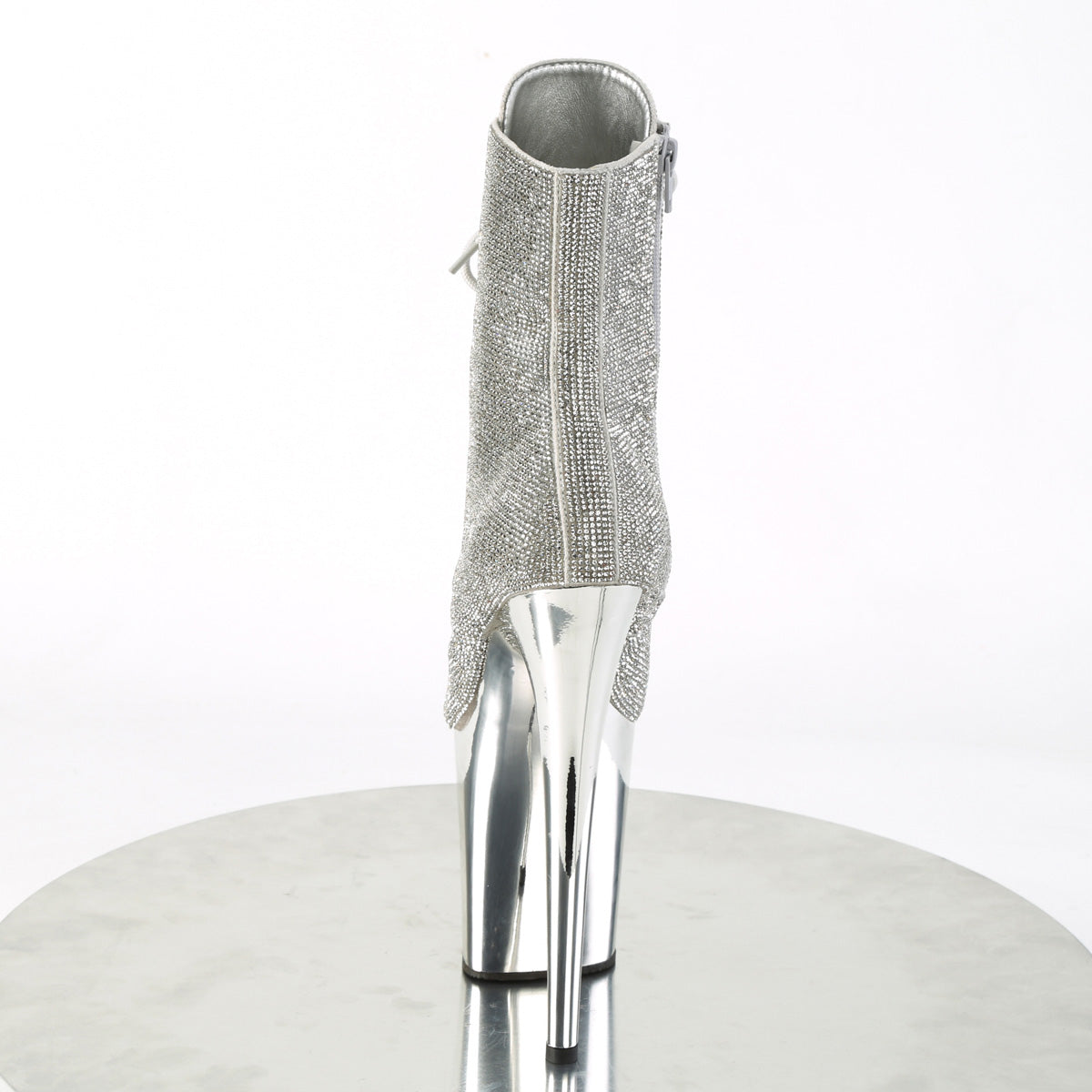 Pleaser FLAMINGO-1020CHRS Silver Rhinestones / Silver Chrome Rhinestone Lace-Up Platform Ankle Boots - 8 Inch Heels