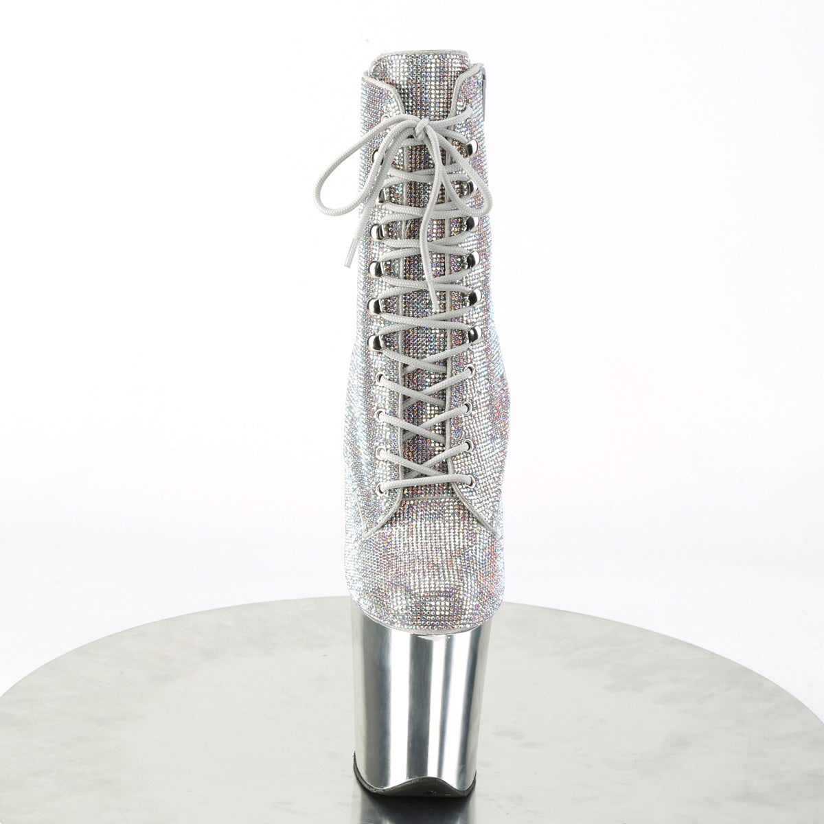 Pleaser FLAMINGO-1020CHRS Silver Multicolour Rhinestones / Silver Chrome Rhinestone Lace-Up Platform Ankle Boots - 8 Inch Heels