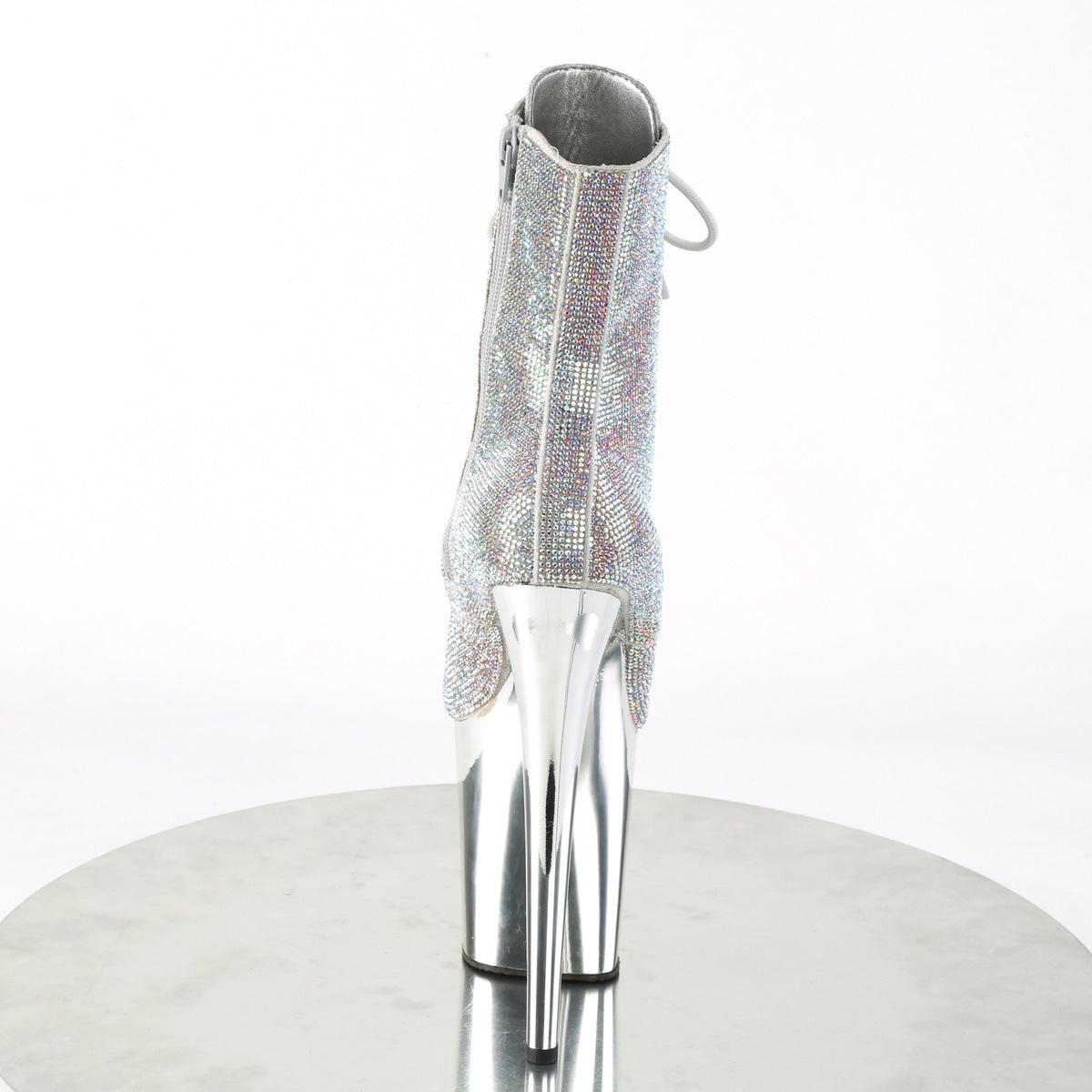 Pleaser FLAMINGO-1020CHRS Silver Multicolour Rhinestones / Silver Chrome Rhinestone Lace-Up Platform Ankle Boots - 8 Inch Heels