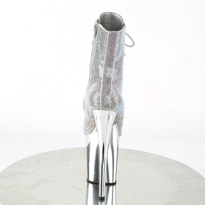 Pleaser FLAMINGO-1020CHRS Silver Multicolour Rhinestones / Silver Chrome Rhinestone Lace-Up Platform Ankle Boots - 8 Inch Heels