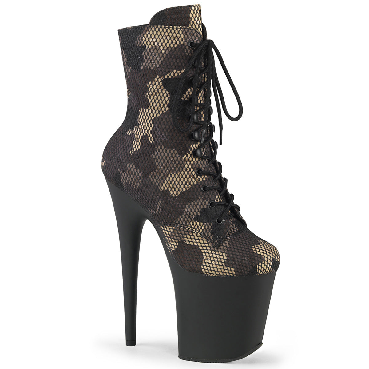 FLAMINGO-1020CM Pleaser Green Camo 8 Inch Exotic Dancer Ankle Boots Green Camo-Mesh Blk Matte