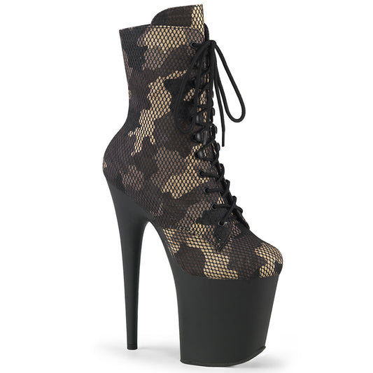Pleaser FLAMINGO-1020CM Green Camo / Black Matte Lace-Up Platform Ankle Boots - 8 Inch Heels