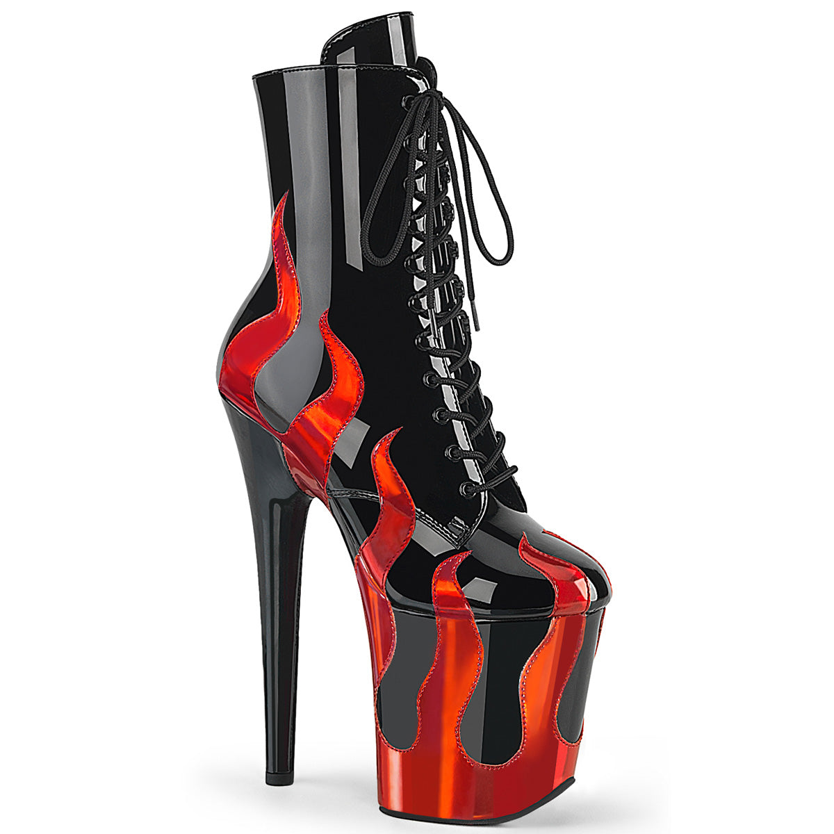 FLAMINGO-1020FLM Pleaser Black 8 Inch Dancer Platform Ankle Boots Blk Pat-Red Metallic Pu Blk-Red Metallic