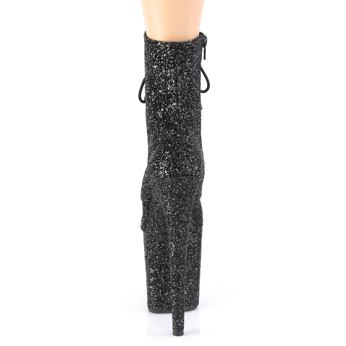 Pleaser FLAMINGO-1020GWR Black Glitter Glitter Lace-Up Platform Ankle Boots - 8 Inch Heels