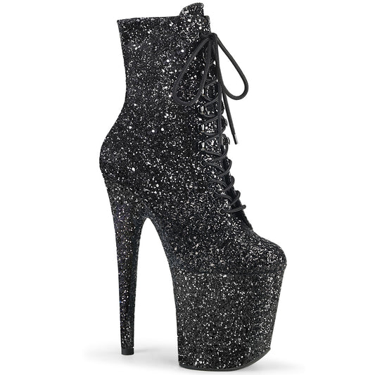 Pleaser FLAMINGO-1020GWR Black Glitter Glitter Lace-Up Platform Ankle Boots - 8 Inch Heels