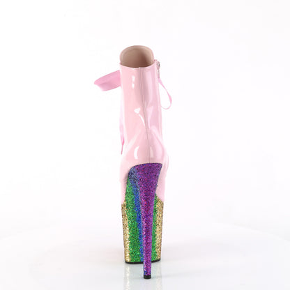Pleaser FLAMINGO-1020HG Baby Pink Holographic / Rainbow Glitter Glitter Lace-Up Platform Ankle Boots - 8 Inch Heels