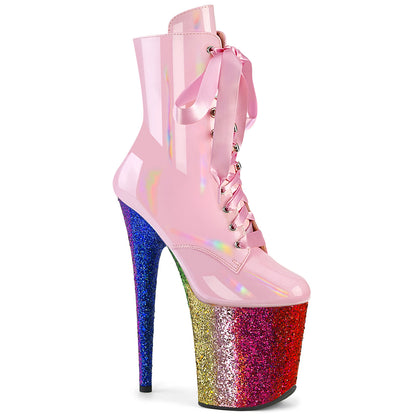 Pleaser FLAMINGO-1020HG Baby Pink Holographic / Rainbow Glitter Glitter Lace-Up Platform Ankle Boots - 8 Inch Heels