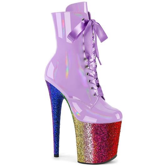 FLAMINGO-1020HG Pleaser Lavender 8 Inch Strippers Ankle Boots Lavender Holo Pat Rainbow Glitter