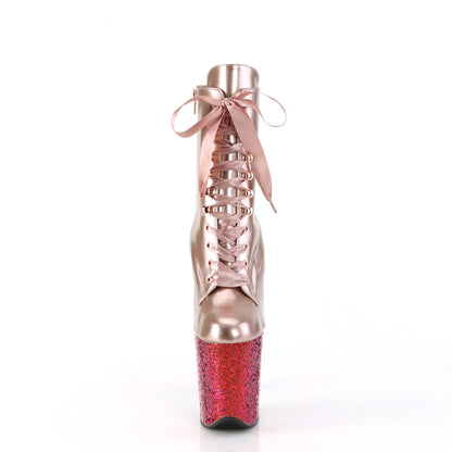 Pleaser FLAMINGO-1020HG Rose Gold Holographic / Rainbow Glitter Glitter Lace-Up Platform Ankle Boots - 8 Inch Heels