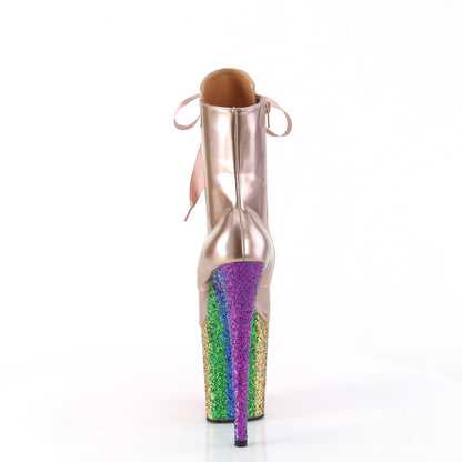 Pleaser FLAMINGO-1020HG Rose Gold Holographic / Rainbow Glitter Glitter Lace-Up Platform Ankle Boots - 8 Inch Heels