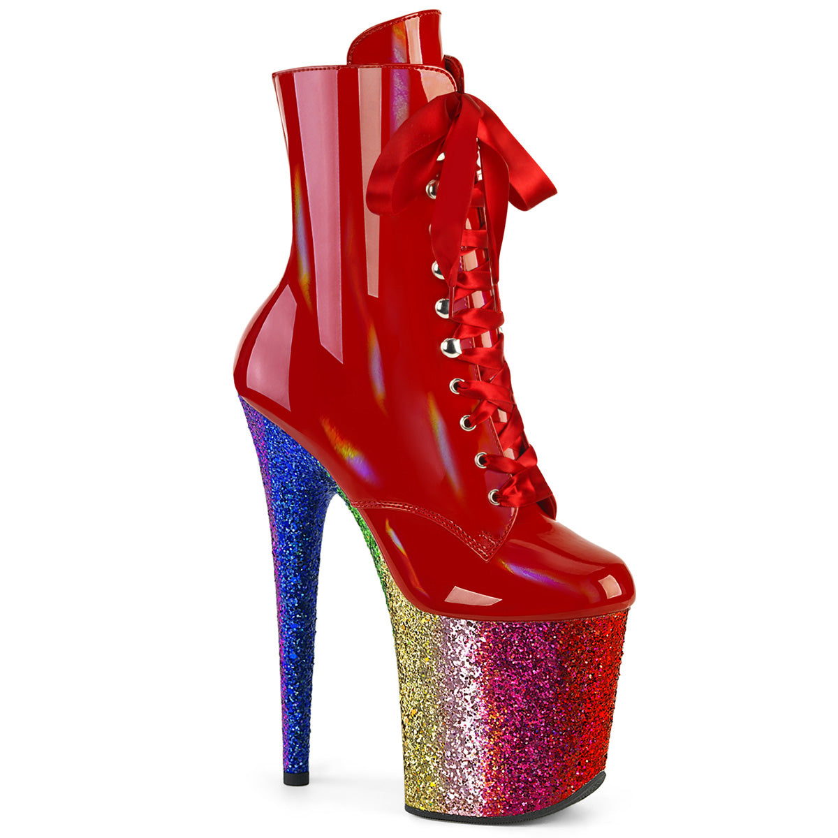 FLAMINGO-1020HG Pleaser Red Holo 8 Inch Pole Dance Ankle Boots Red Holo Pat Rainbow Glitter