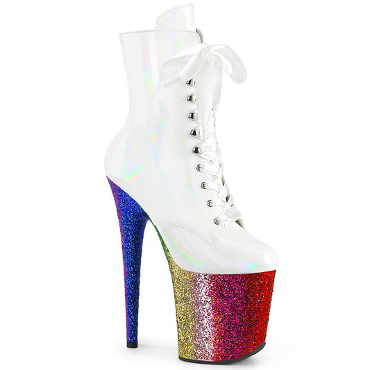 FLAMINGO-1020HG Pleaser White 8 Inch Statement High Ankle Boots Wht Holo Pat Rainbow Glitter