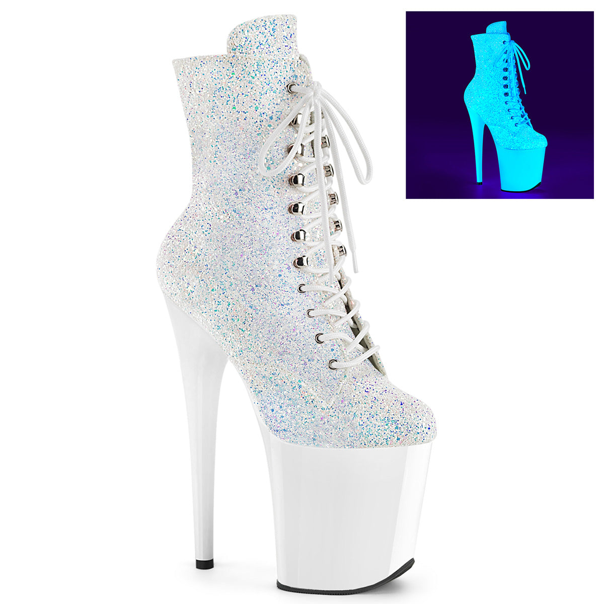 FLAMINGO-1020LG Pleaser Neon White 8 Inch Pole Dancer Ankle Boots Neon Wht Multi Glitter Neon Wht