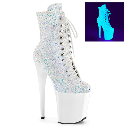 FLAMINGO-1020LG Pleaser Neon White 8 Inch Pole Dancer Ankle Boots Neon Wht Multi Glitter Neon Wht