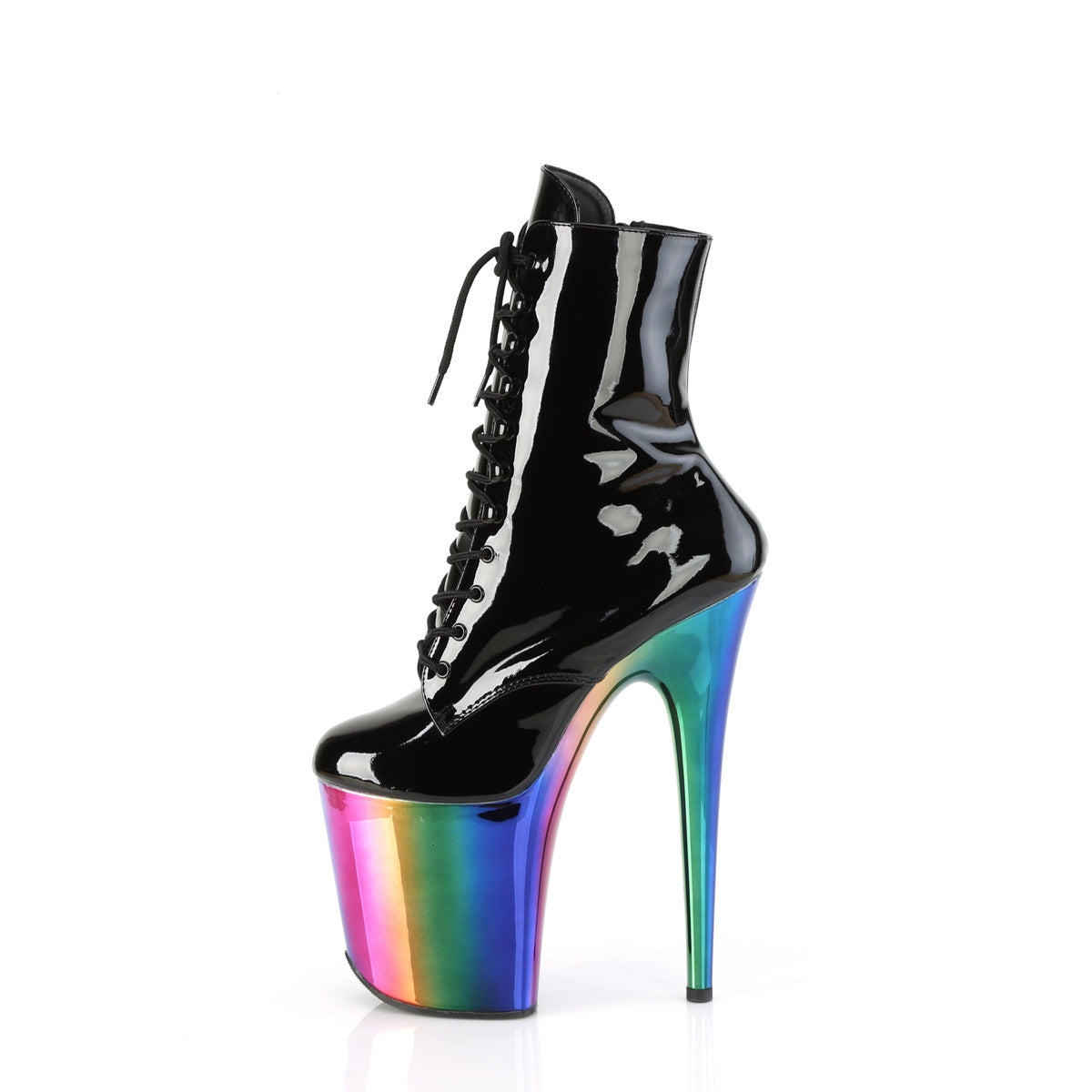 Pleaser FLAMINGO-1020RC Black / Rainbow Chrome Lace-Up Platform Ankle Boots - 8 Inch Heels