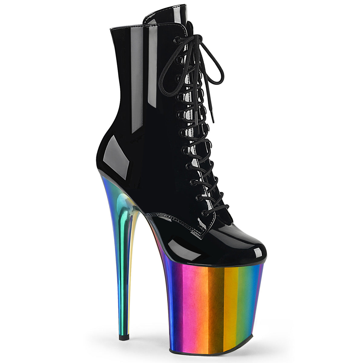 FLAMINGO-1020RC Pleaser Black Rainbow 8 Inch Exotic Dancer Ankle Boots Black Pat Rainbow Chrome