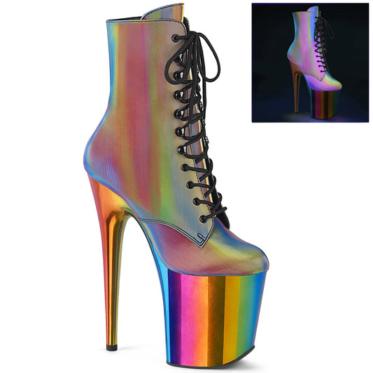 Pleaser FLAMINGO-1020RC Rainbow Reflective / Rainbow Chrome Lace-Up Platform Ankle Boots - 8 Inch Heels