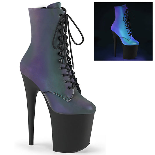 FLAMINGO-1020REFL Pleaser Green Multi Reflective 8 Inch Platform Ankle Boots