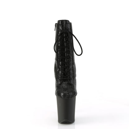 Pleaser FLAMINGO-1020RS Black Rhinestones / Black Matte Rhinestone Lace-Up Platform Ankle Boots - 8 Inch Heels