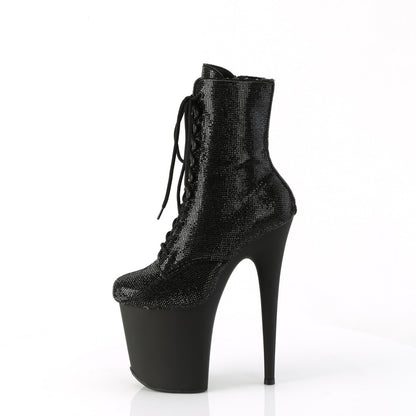 Pleaser FLAMINGO-1020RS Black Rhinestones / Black Matte Rhinestone Lace-Up Platform Ankle Boots - 8 Inch Heels