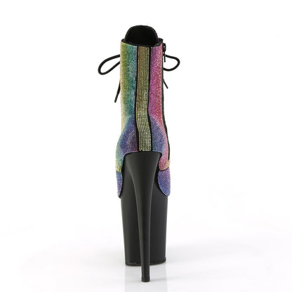 Pleaser FLAMINGO-1020RS Rainbow Rhinestones / Black Matte Rhinestone Lace-Up Platform Ankle Boots - 8 Inch Heels