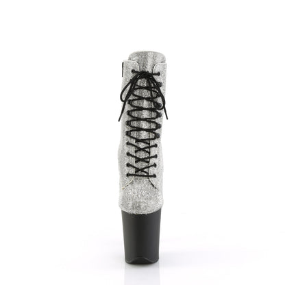 Pleaser FLAMINGO-1020RS Silver Rhinestones / Black Matte Rhinestone Lace-Up Platform Ankle Boots - 8 Inch Heels