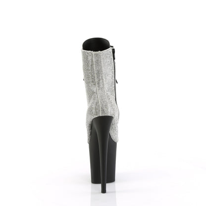 Pleaser FLAMINGO-1020RS Silver Rhinestones / Black Matte Rhinestone Lace-Up Platform Ankle Boots - 8 Inch Heels