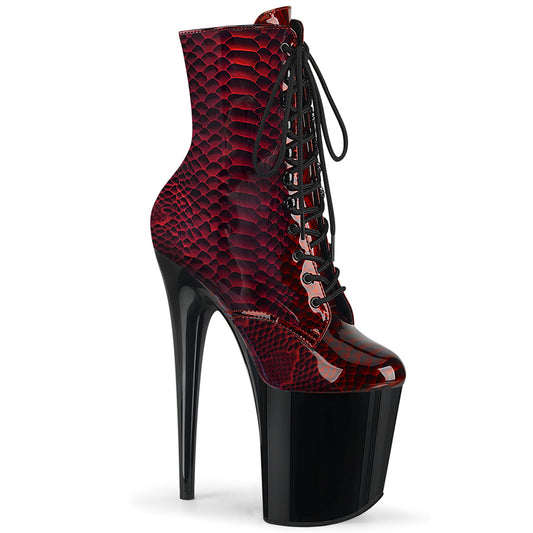 Pleaser FLAMINGO-1020SP Red Snake Print / Black Lace-Up Platform Ankle Boots - 8 Inch Heels