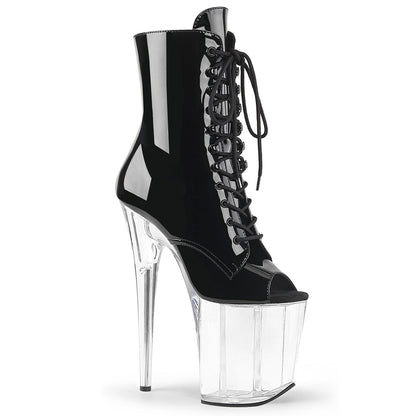 FLAMINGO-1021 Pleaser Black 8 Inch Pole Dancer Ankle Boots Black Patent Clear