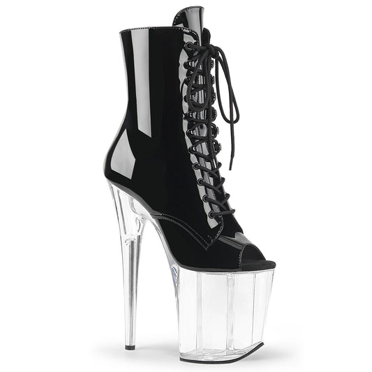 Pleaser FLAMINGO-1021 Black / Clear Lace-Up Peep Toe Platform Ankle Boots - 8 Inch Heels