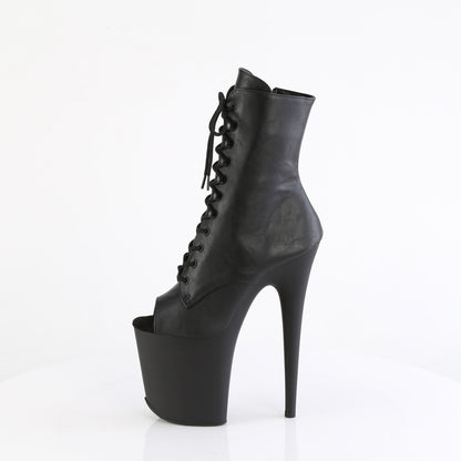 Pleaser FLAMINGO-1021 Black / Black Matte Lace-Up Peep Toe Platform Ankle Boots - 8 Inch Heels