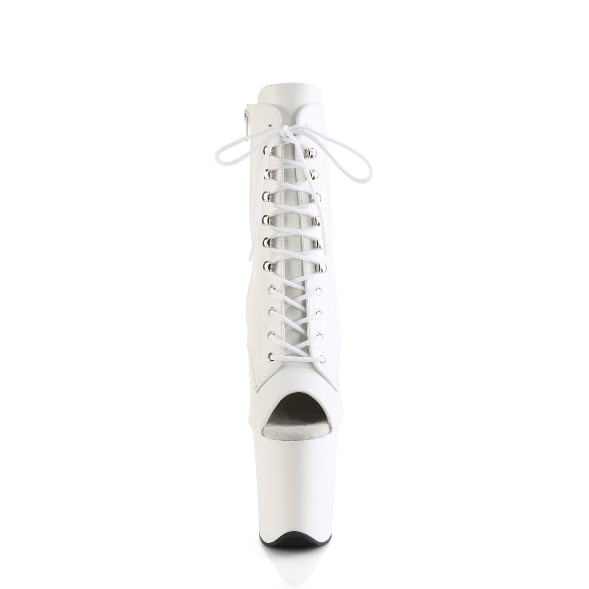Pleaser FLAMINGO-1021 White / White Matte Lace-Up Peep Toe Platform Ankle Boots - 8 Inch Heels