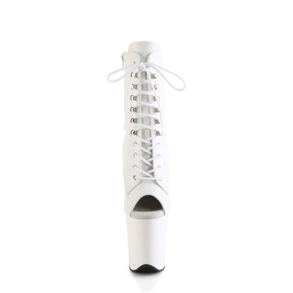 Pleaser FLAMINGO-1021 White / White Matte Lace-Up Peep Toe Platform Ankle Boots - 8 Inch Heels