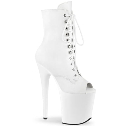 Pleaser FLAMINGO-1021 White / White Matte Lace-Up Peep Toe Platform Ankle Boots - 8 Inch Heels