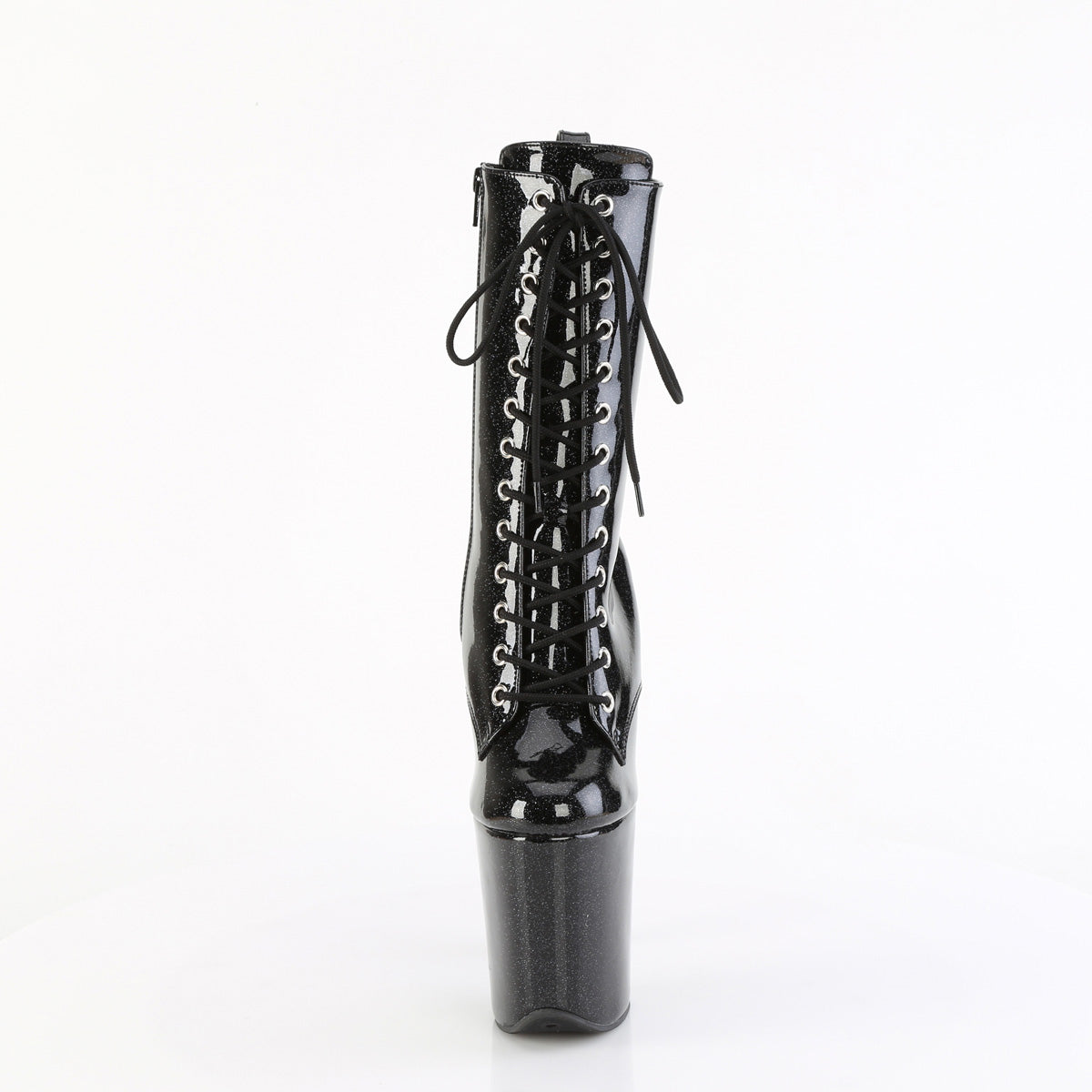 Pleaser FLAMINGO-1040GP Black Glitter Lace-Up Platform Ankle Boots - 8 Inch Heels