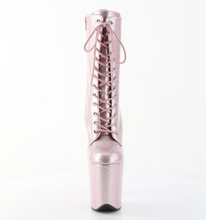 Pleaser FLAMINGO-1040GP Blush Pink Glitter Lace-Up Platform Ankle Boots - 8 Inch Heels