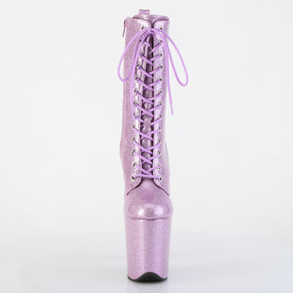 Pleaser FLAMINGO-1040GP Lilac Glitter Lace-Up Platform Ankle Boots - 8 Inch Heels